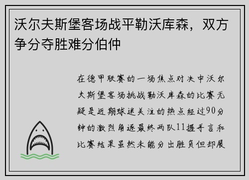 沃尔夫斯堡客场战平勒沃库森，双方争分夺胜难分伯仲