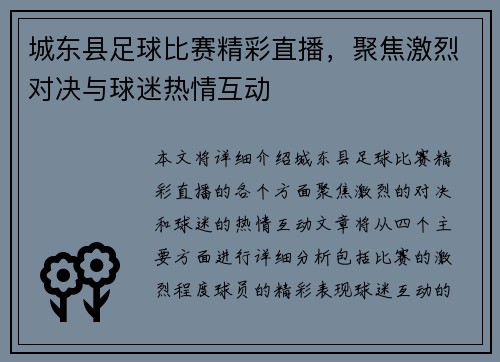 城东县足球比赛精彩直播，聚焦激烈对决与球迷热情互动